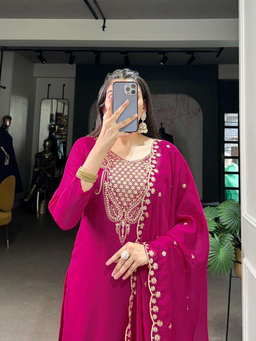ORGANZA FABRIC WITH EMBROIDERY NECK WORK PINK SUITS NNK 3036