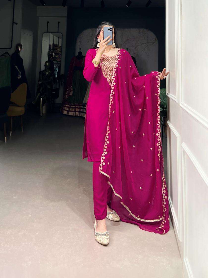 ORGANZA FABRIC WITH EMBROIDERY NECK WORK PINK SUITS NNK 3036