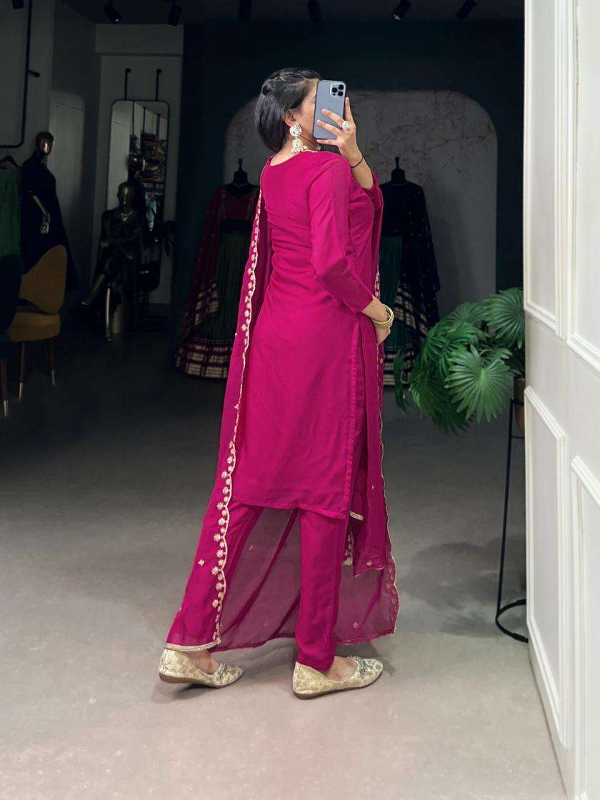 ORGANZA FABRIC WITH EMBROIDERY NECK WORK PINK SUITS NNK 3036