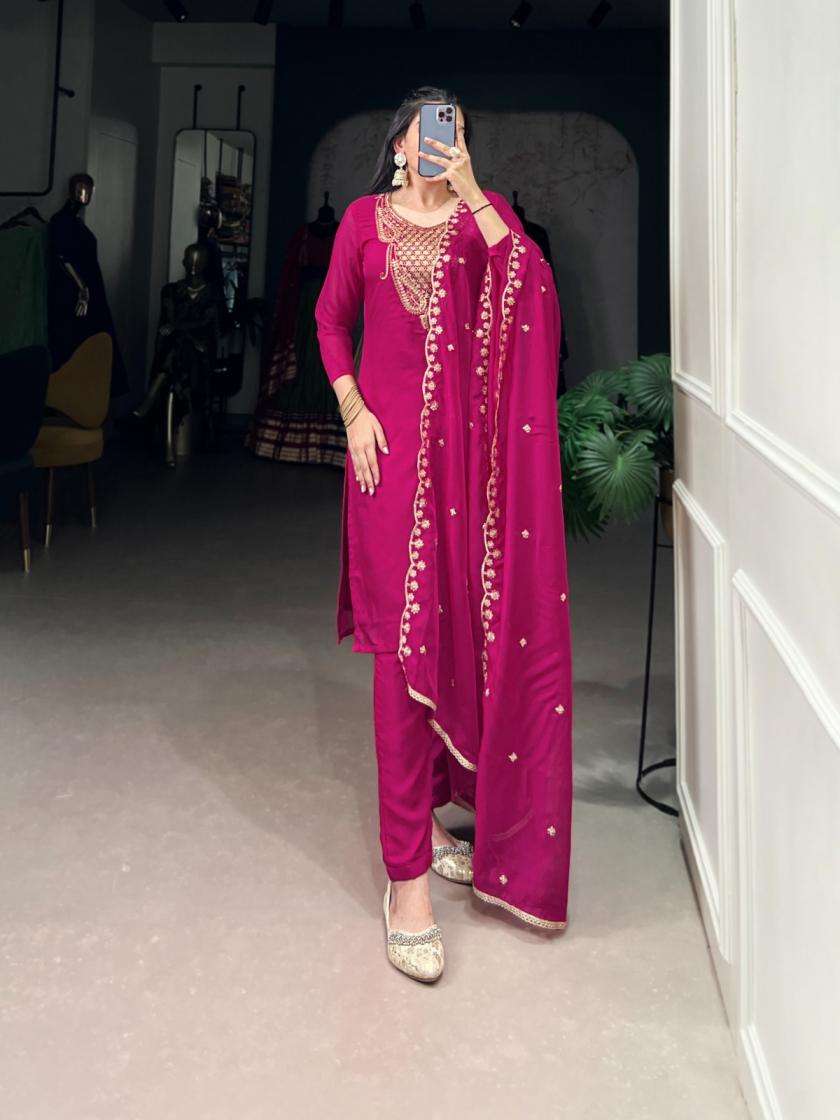 ORGANZA FABRIC WITH EMBROIDERY NECK WORK PINK SUITS NNK 3036