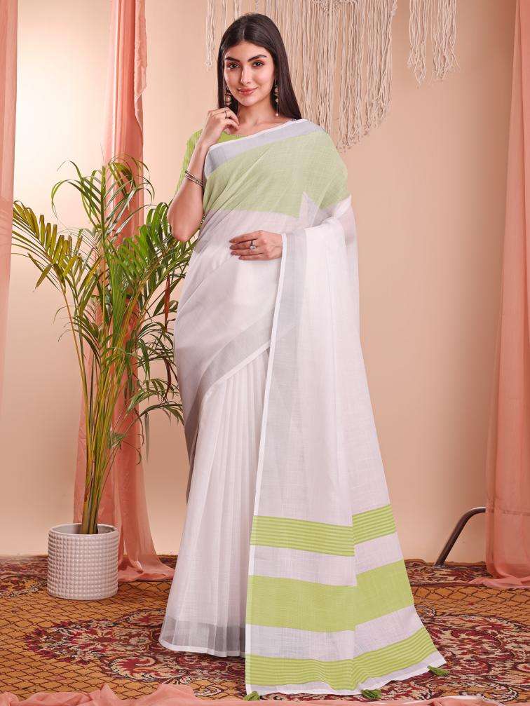 ASTITA THE WHITE LOOK SUMMER SPECIAL LINEN COTTON FABRIC FANCY LOOK SAREE 