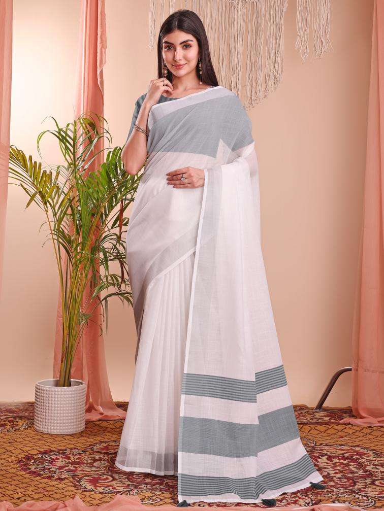 ASTITA THE WHITE LOOK SUMMER SPECIAL LINEN COTTON FABRIC FANCY LOOK SAREE 