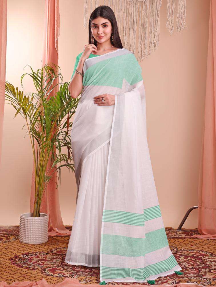 ASTITA THE WHITE LOOK SUMMER SPECIAL LINEN COTTON FABRIC FANCY LOOK SAREE 