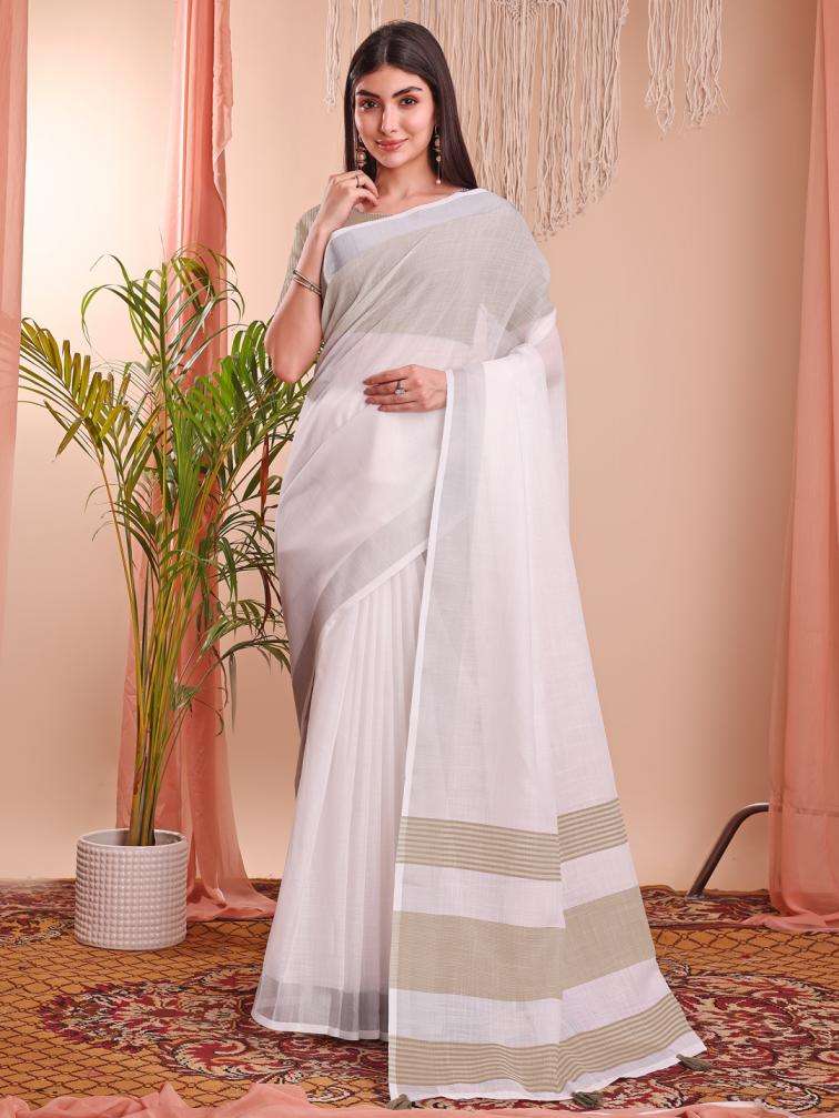 ASTITA THE WHITE LOOK SUMMER SPECIAL LINEN COTTON FABRIC FANCY LOOK SAREE 