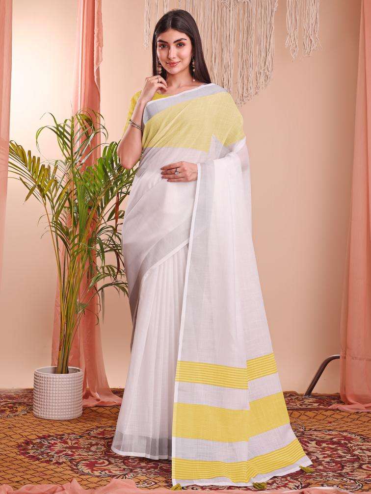 ASTITA THE WHITE LOOK SUMMER SPECIAL LINEN COTTON FABRIC FANCY LOOK SAREE 