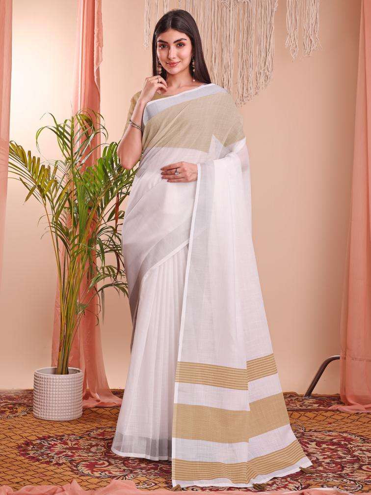 ASTITA THE WHITE LOOK SUMMER SPECIAL LINEN COTTON FABRIC FANCY LOOK SAREE 