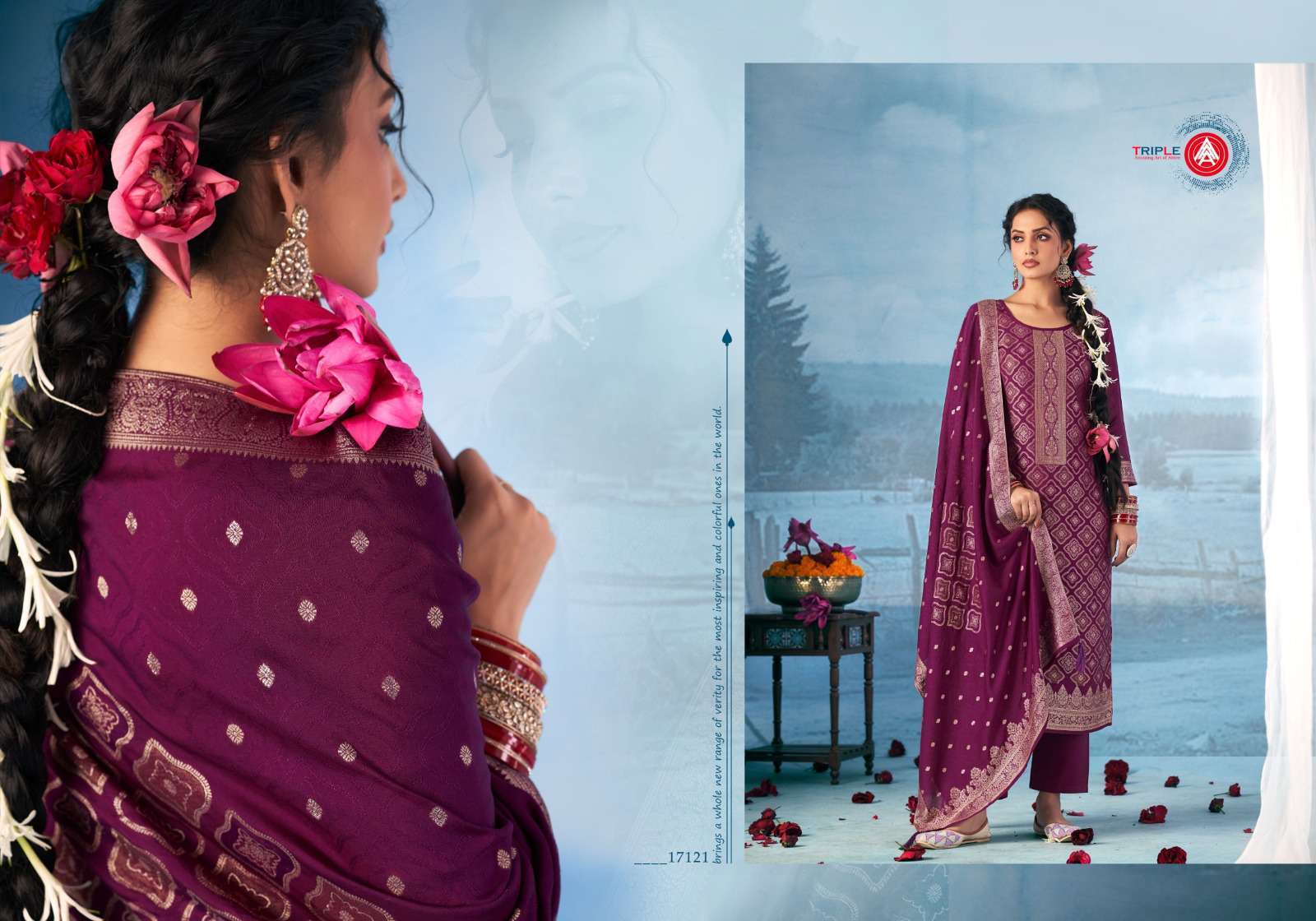 TRIPLE A HANSHIKA VOL 2 SILK 3D WEAVING PRINT KURTI PALAZZO SUIT DEALER 