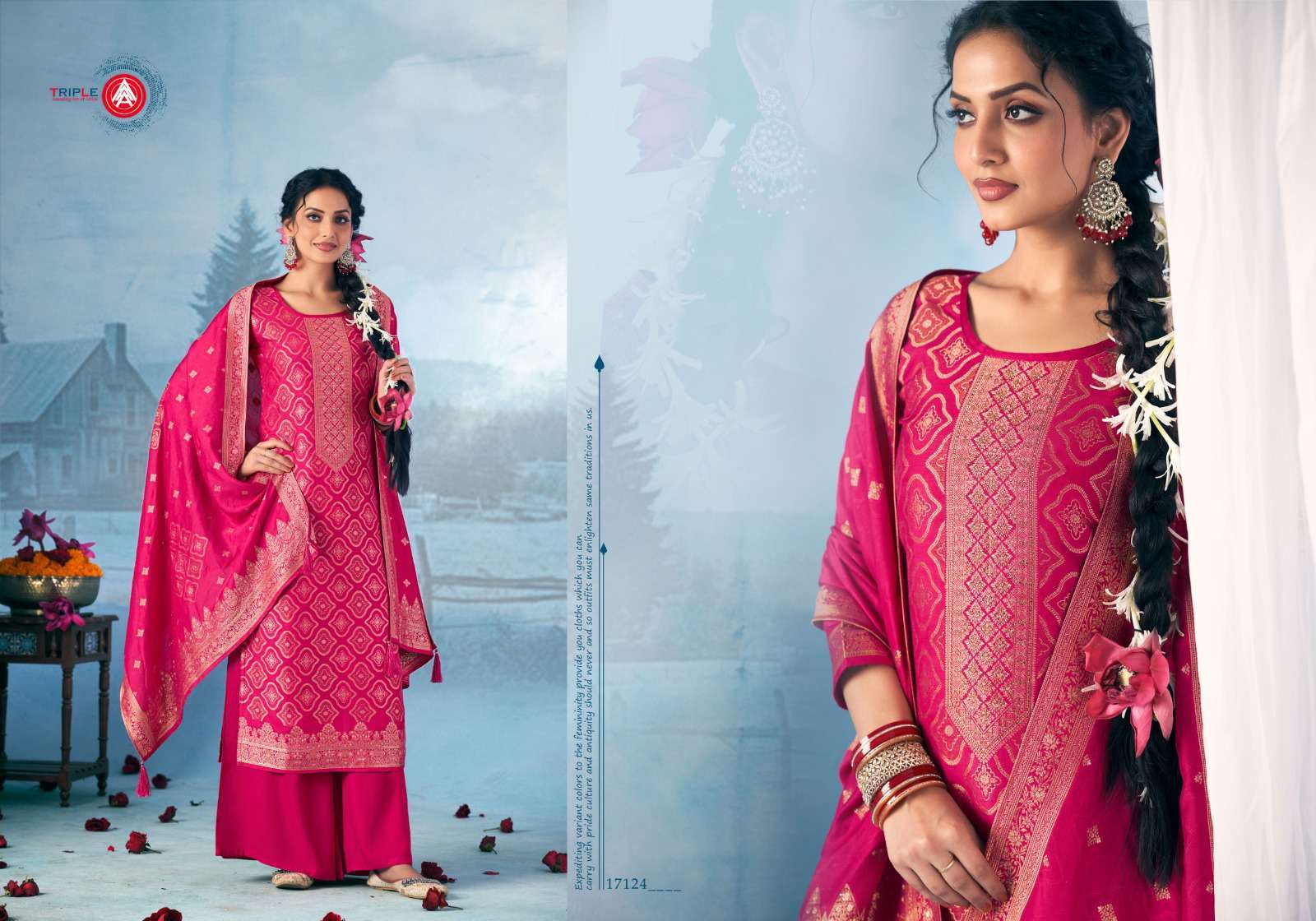 TRIPLE A HANSHIKA VOL 2 SILK 3D WEAVING PRINT KURTI PALAZZO SUIT DEALER 