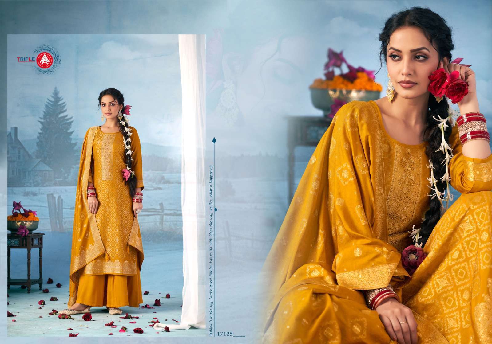 TRIPLE A HANSHIKA VOL 2 SILK 3D WEAVING PRINT KURTI PALAZZO SUIT DEALER 