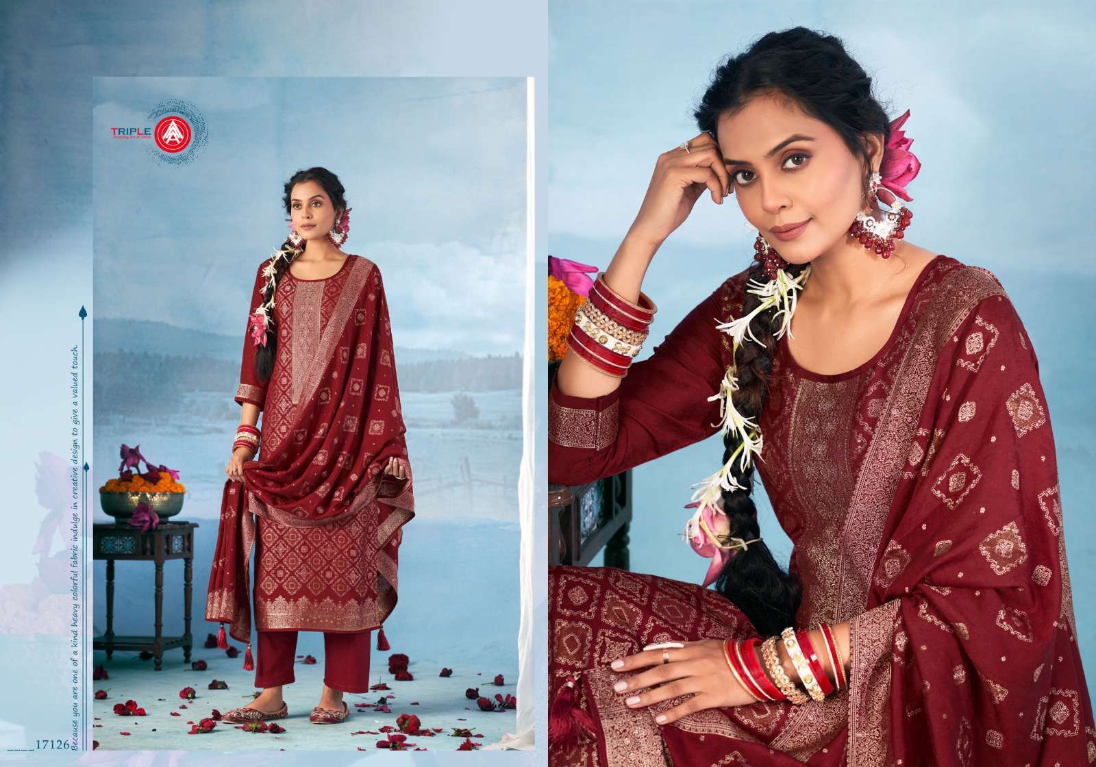 TRIPLE A HANSHIKA VOL 2 SILK 3D WEAVING PRINT KURTI PALAZZO SUIT DEALER 