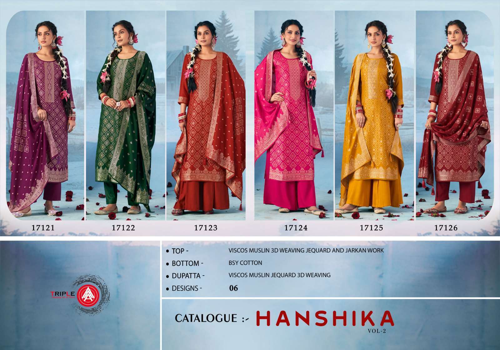 TRIPLE A HANSHIKA VOL 2 SILK 3D WEAVING PRINT KURTI PALAZZO SUIT DEALER 